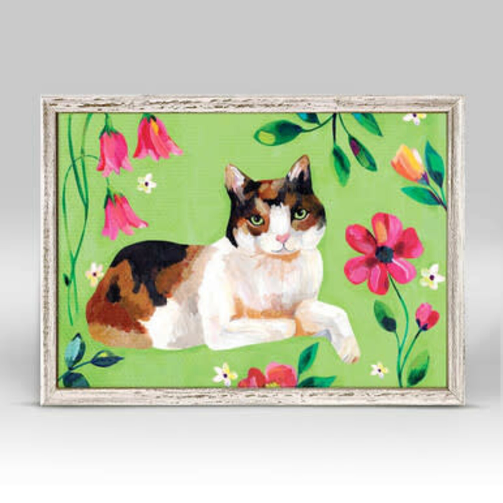 m. lynne designs garden cat on green framed canvas