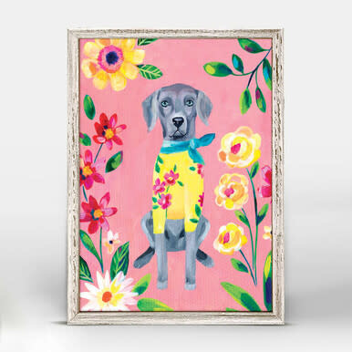 available at m. lynne designs Garden Pup on Pink Framed Canvas
