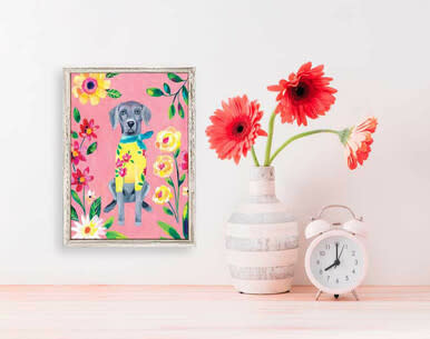 available at m. lynne designs Garden Pup on Pink Framed Canvas