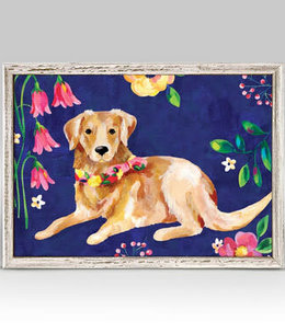 available at m. lynne designs garden pup on royal blue framed canvas