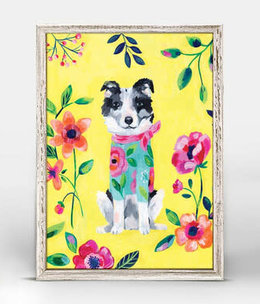 available at m. lynne designs Garden Pup on Yellow Framed Canvas