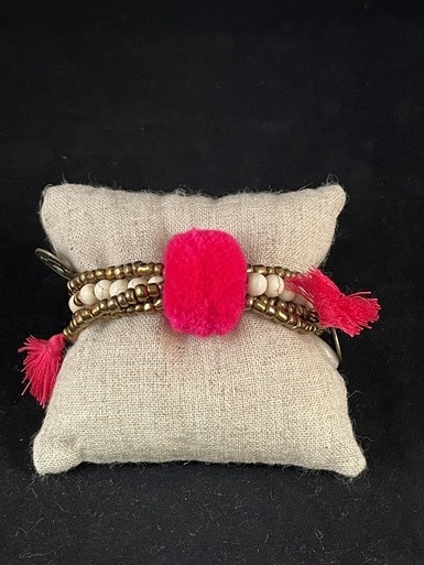 available at m. lynne designs Hot Pink Big Pom Bracelet with Tassles and Coins