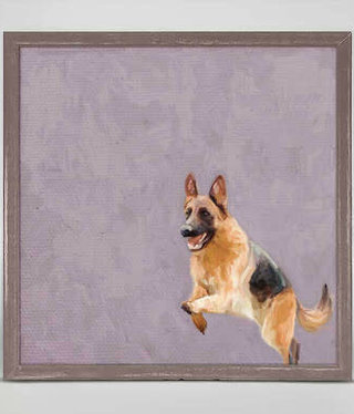 available at m. lynne designs Jumping German Shepherd Framed Canvas