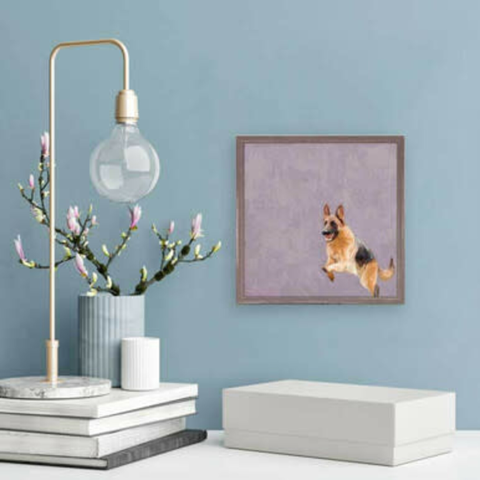 m. lynne designs jumping german shepherd framed canvas