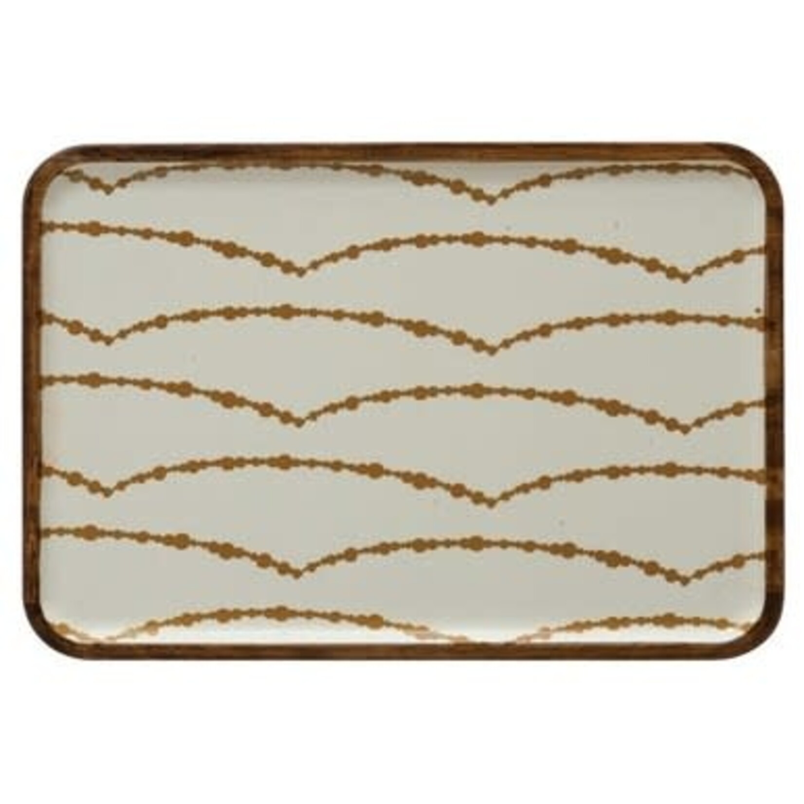 m. lynne designs large enameled acacia tray with golden poms