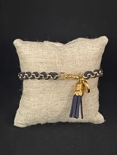 available at m. lynne designs Navy Woven Leather Tassle Bracelet