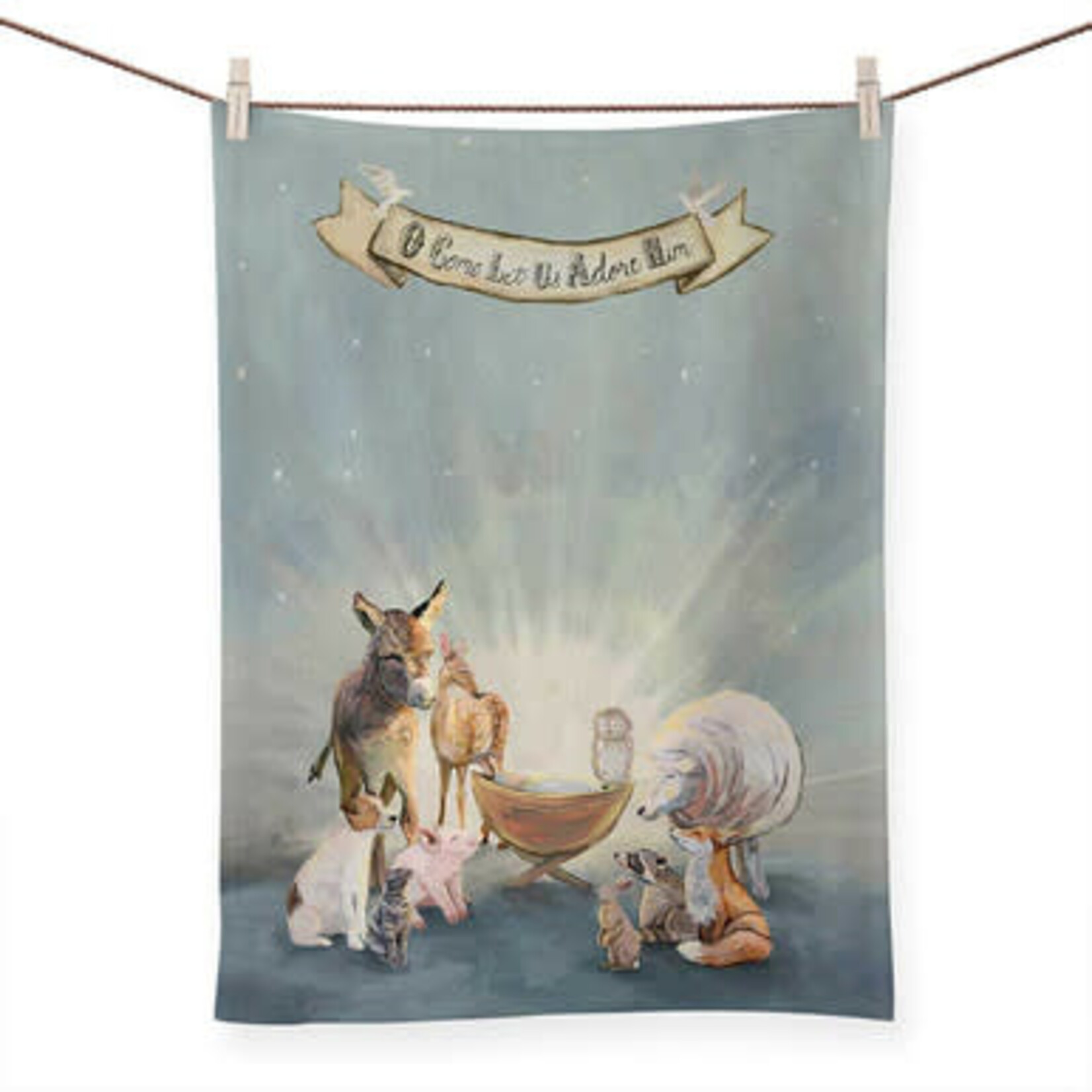 m. lynne designs o come let us adore him tea towel