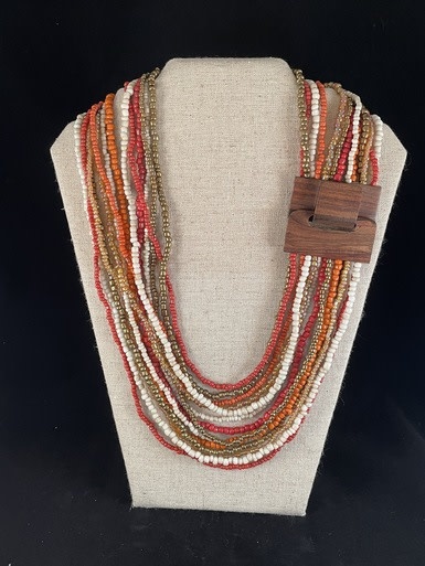 available at m. lynne designs Orange and Red Wood Buckle Stripe Necklace