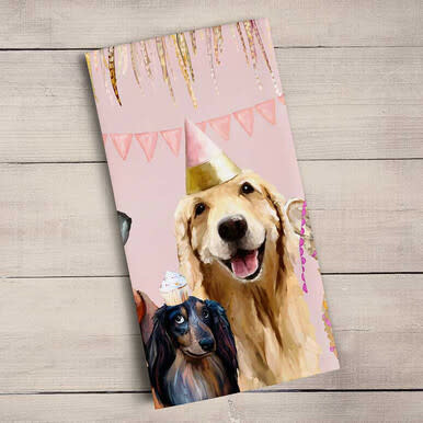 available at m. lynne designs Party Pups Tea Towel