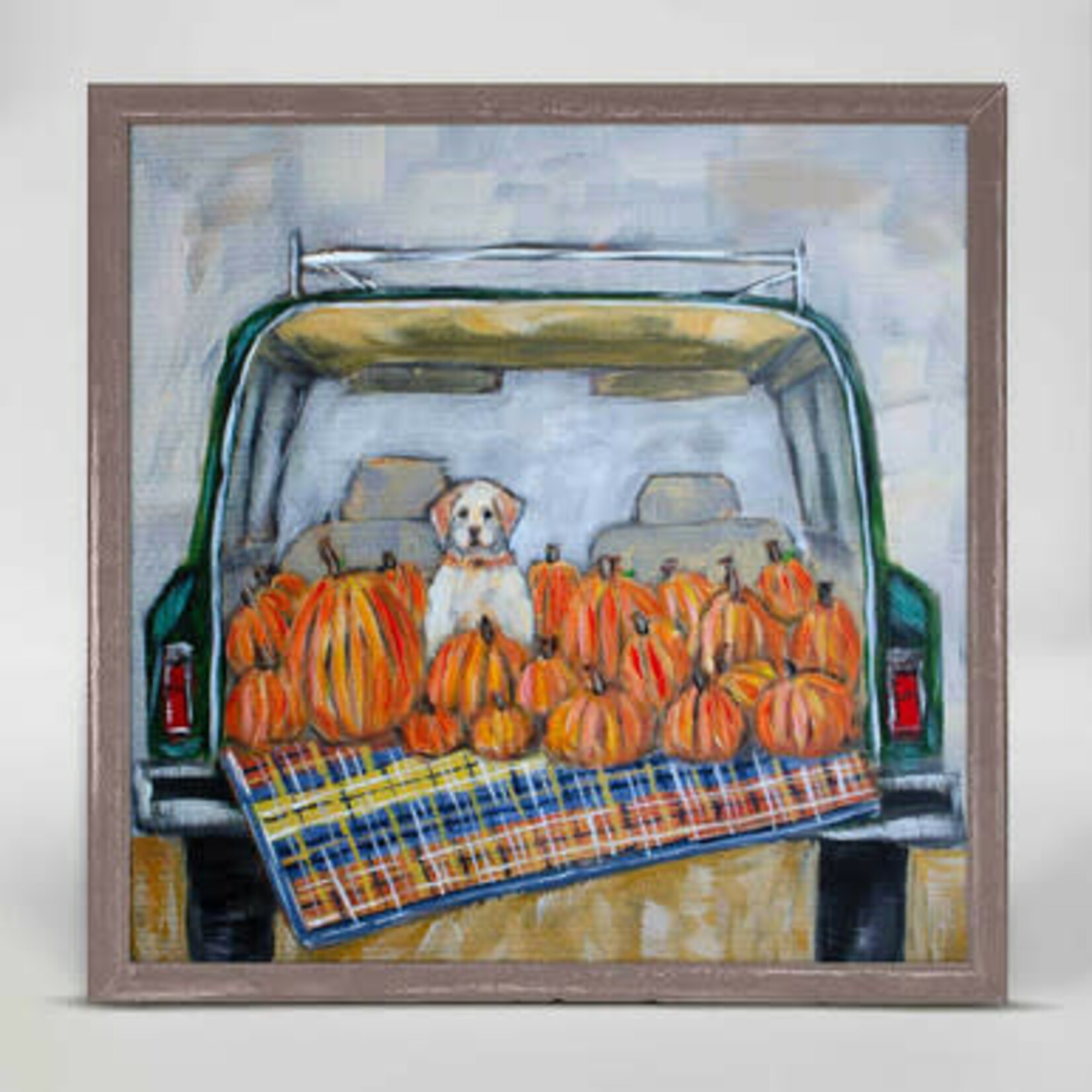 m. lynne designs pup in truck with pumpkins framed canvas