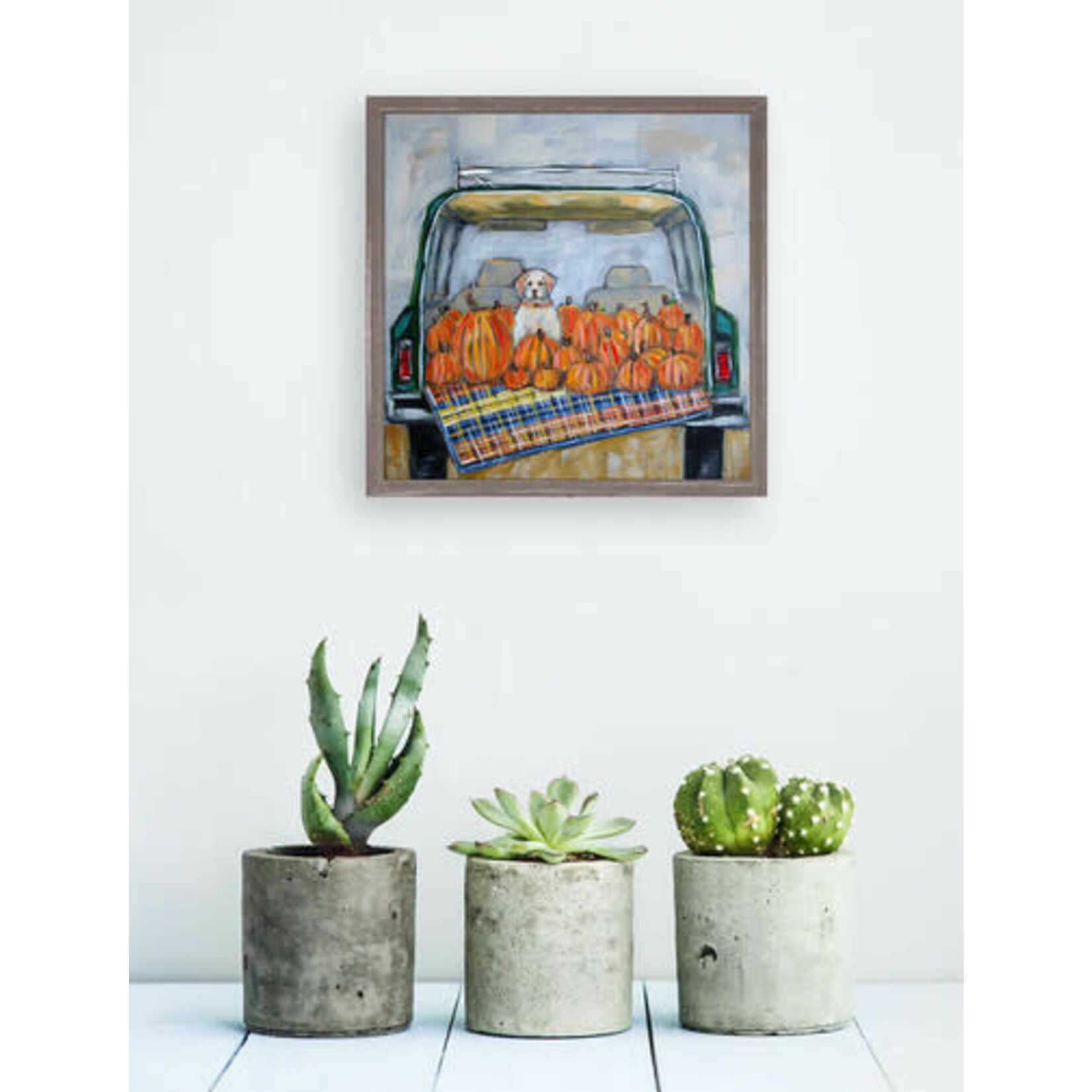 m. lynne designs pup in truck with pumpkins framed canvas