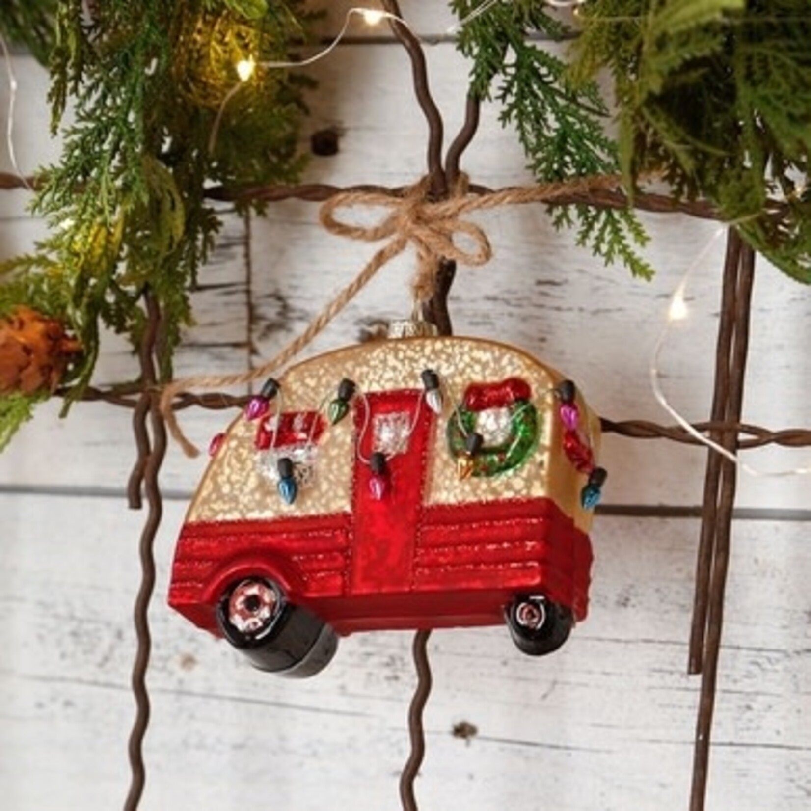 m. lynne designs red camper with lights glass ornament