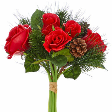 available at m. lynne designs Red Rose Bouquet with Pinecones
