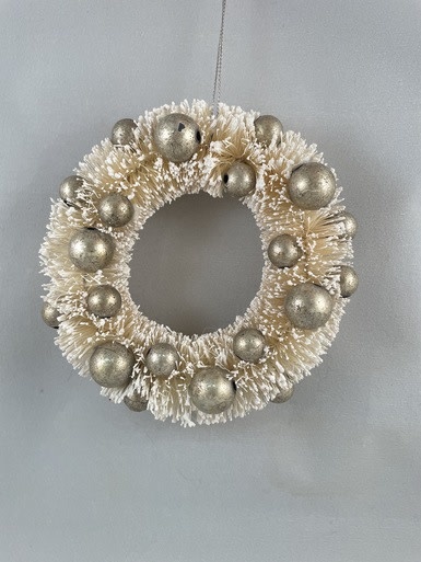 Round White Bottle Brush Wreath with Silver Ornaments Ornament