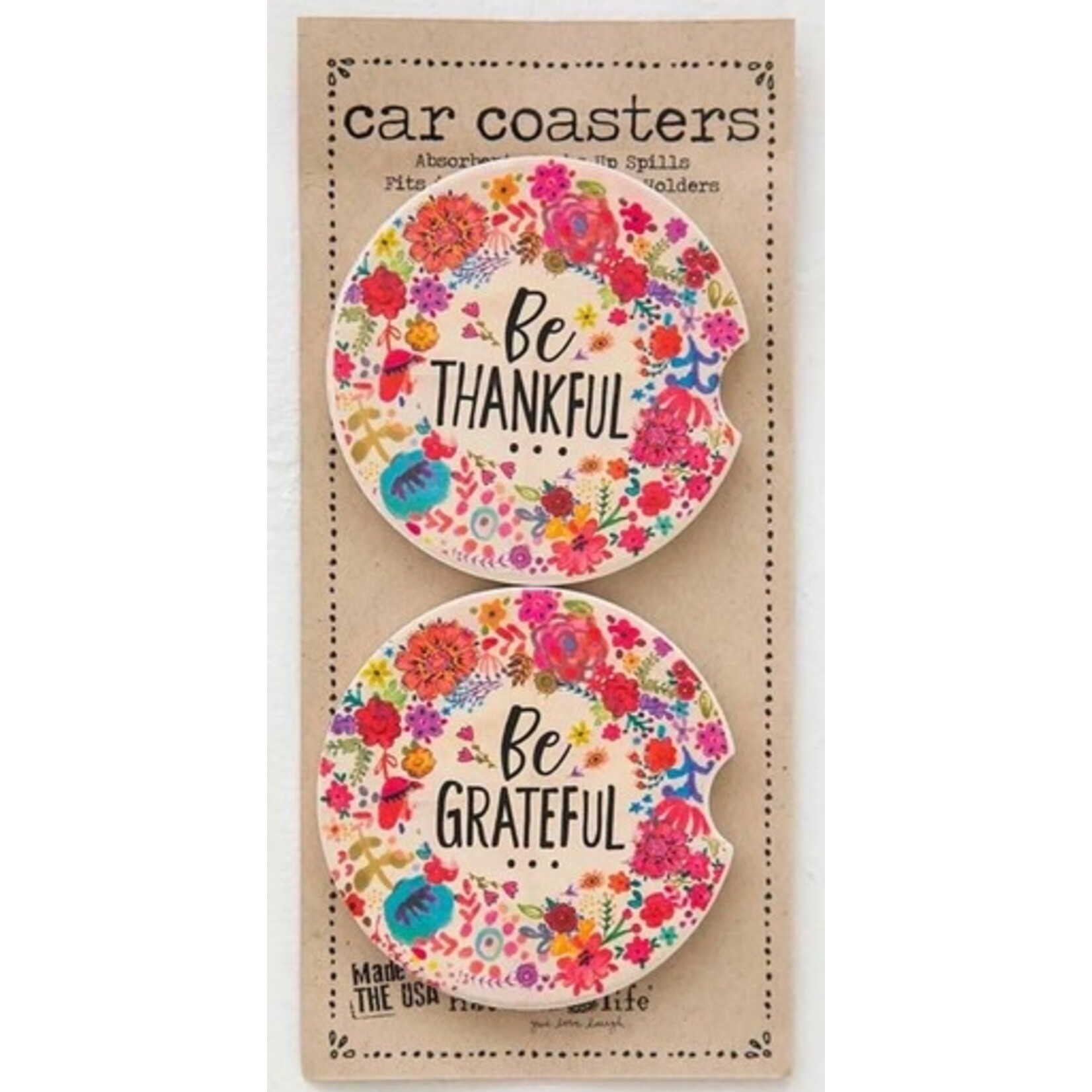 natural life thankful grateful set of two car coasters