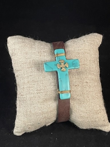 Turquoise Cross and Leather Cuff