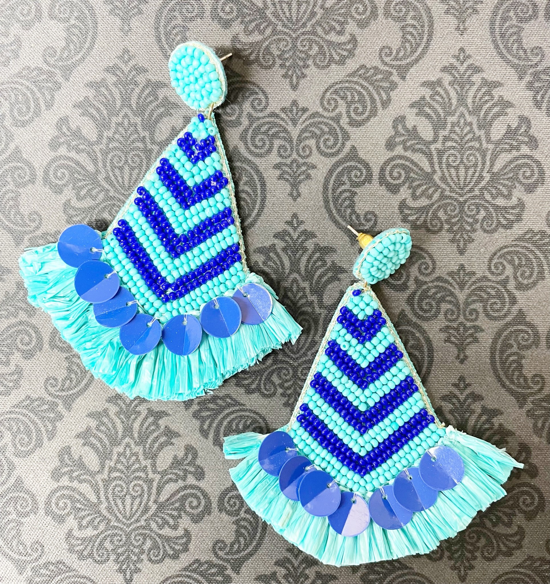 available at m. lynne designs Blue and Teal Beaded with Fringe Earring