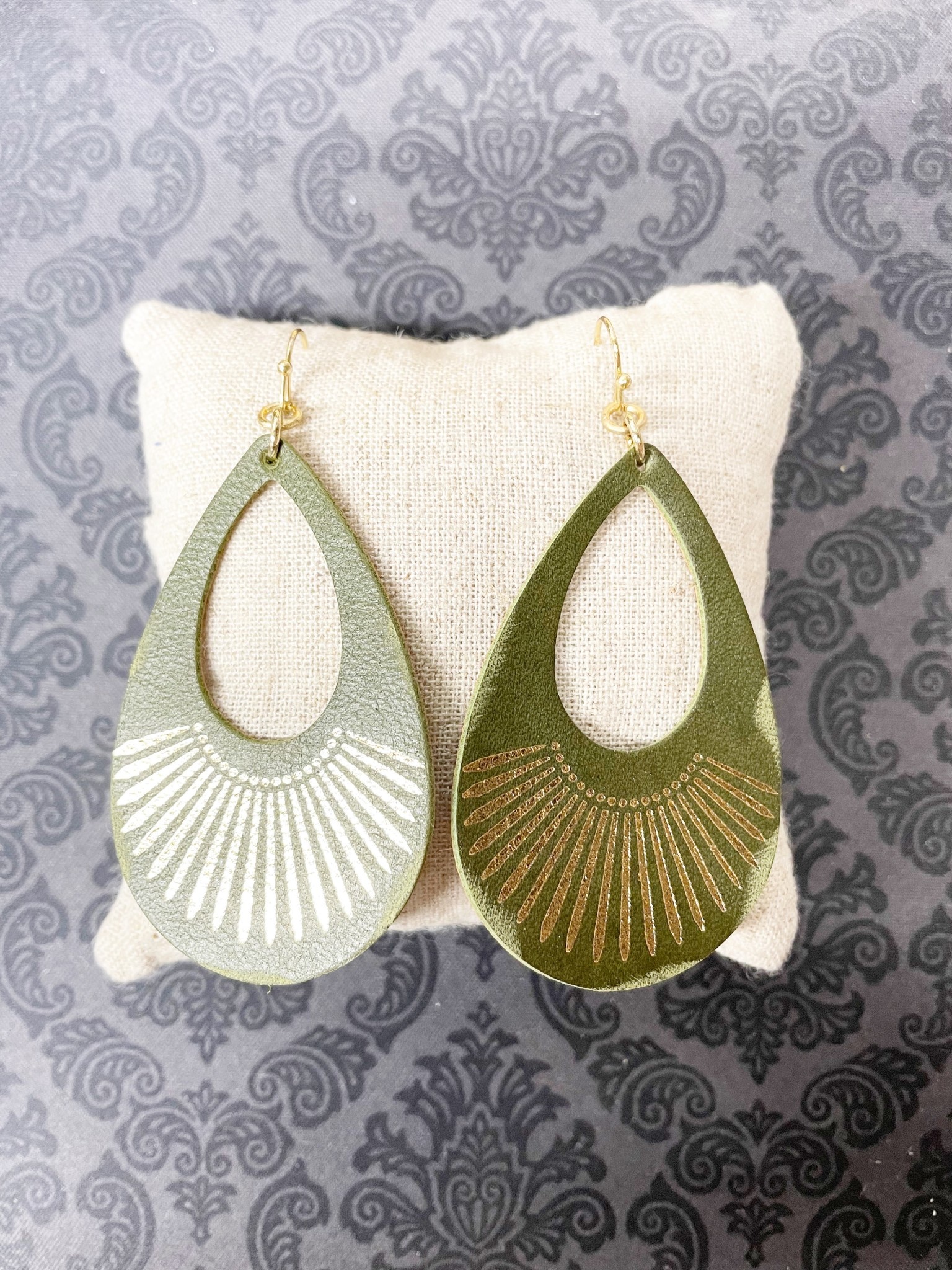 available at m. lynne designs Olive Green Leather Earring