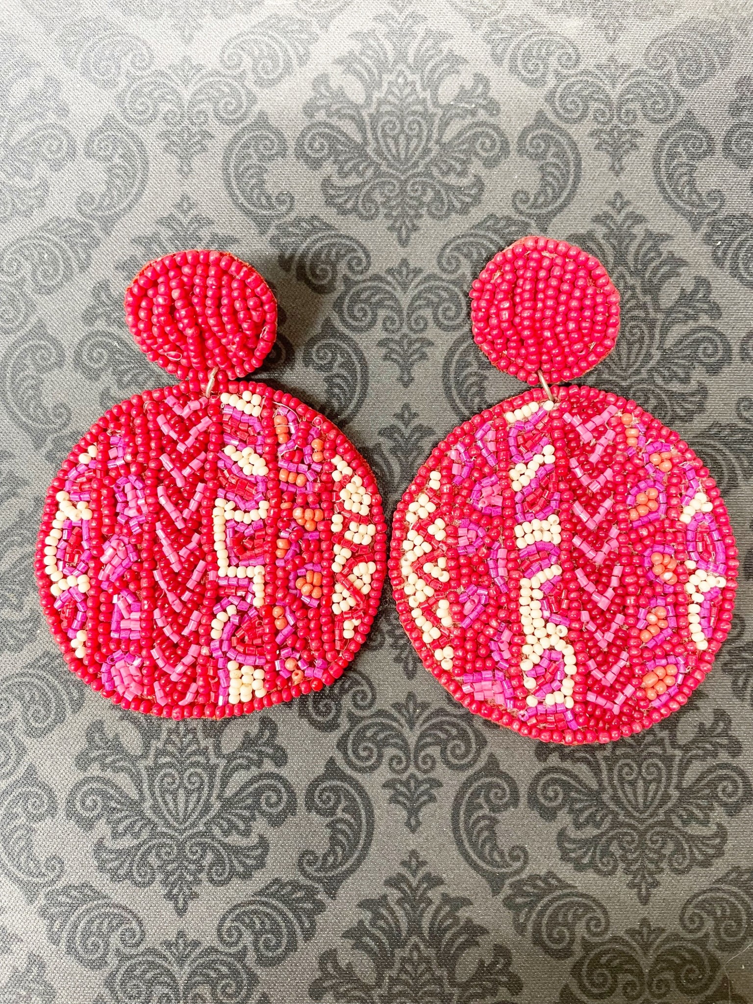 available at m. lynne designs Beaded Round, Red, Pink & White Earring