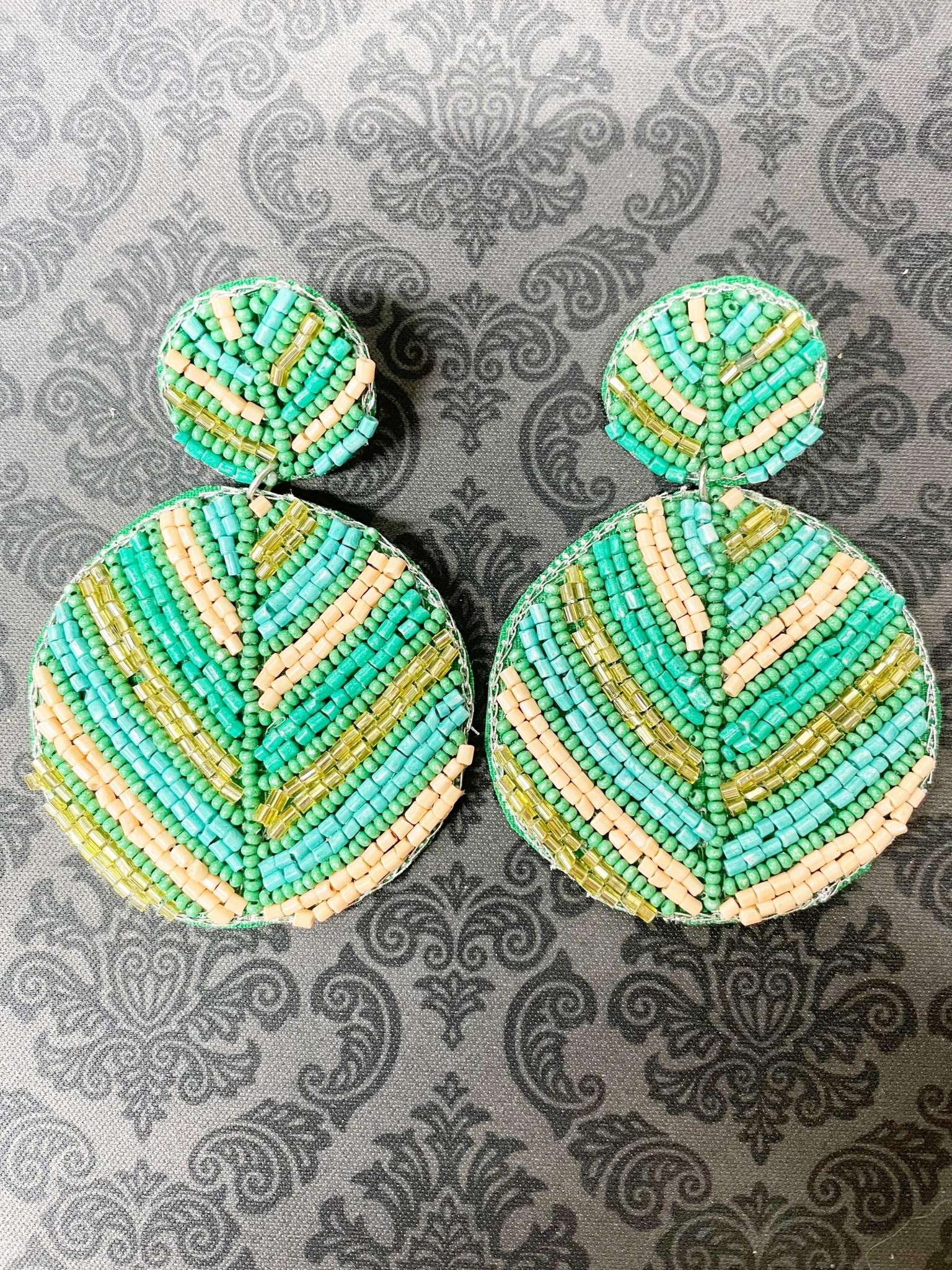 available at m. lynne designs Beaded Round, Green, Teal & Peach Earring