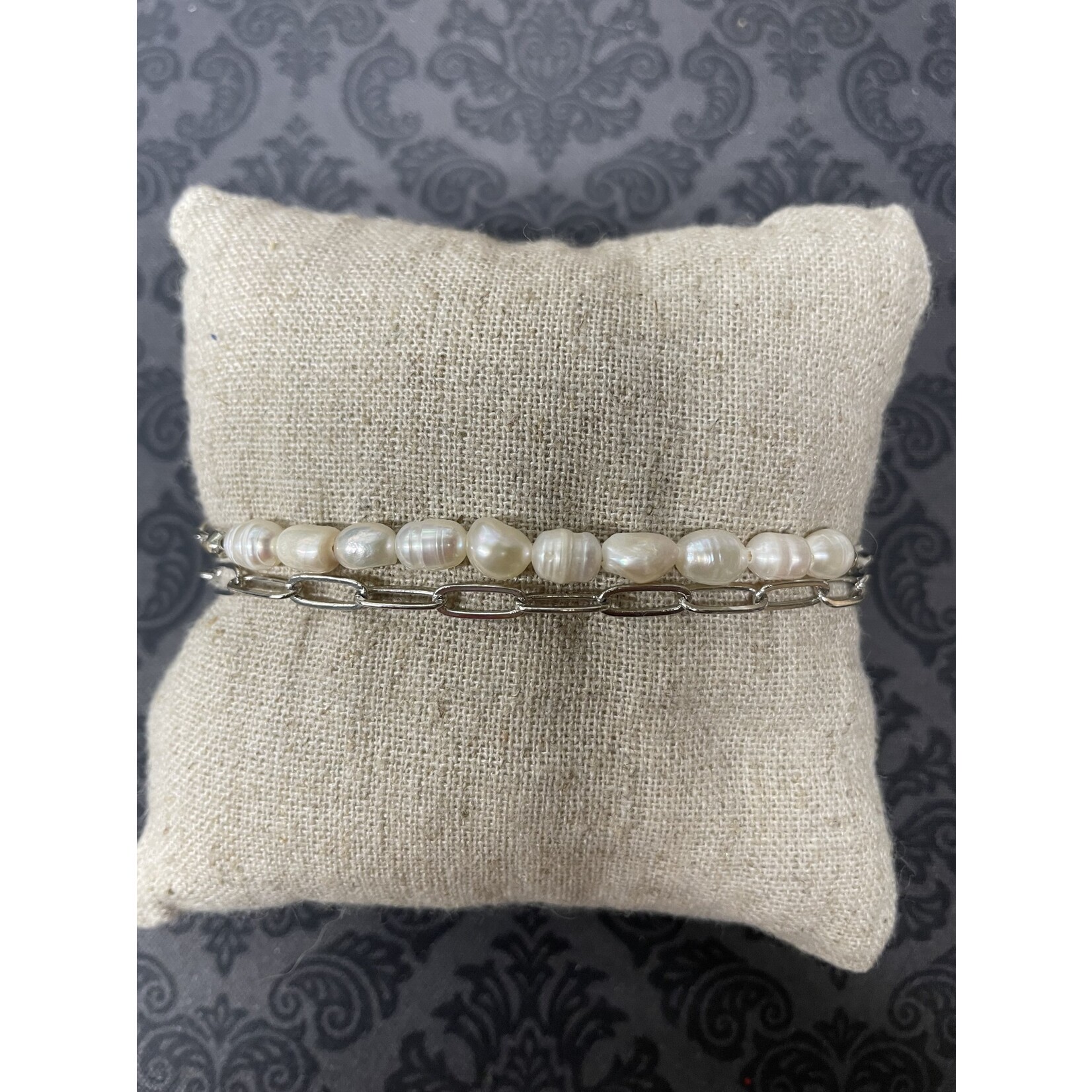 m. lynne designs pearl with silver paperclip chain bracelet