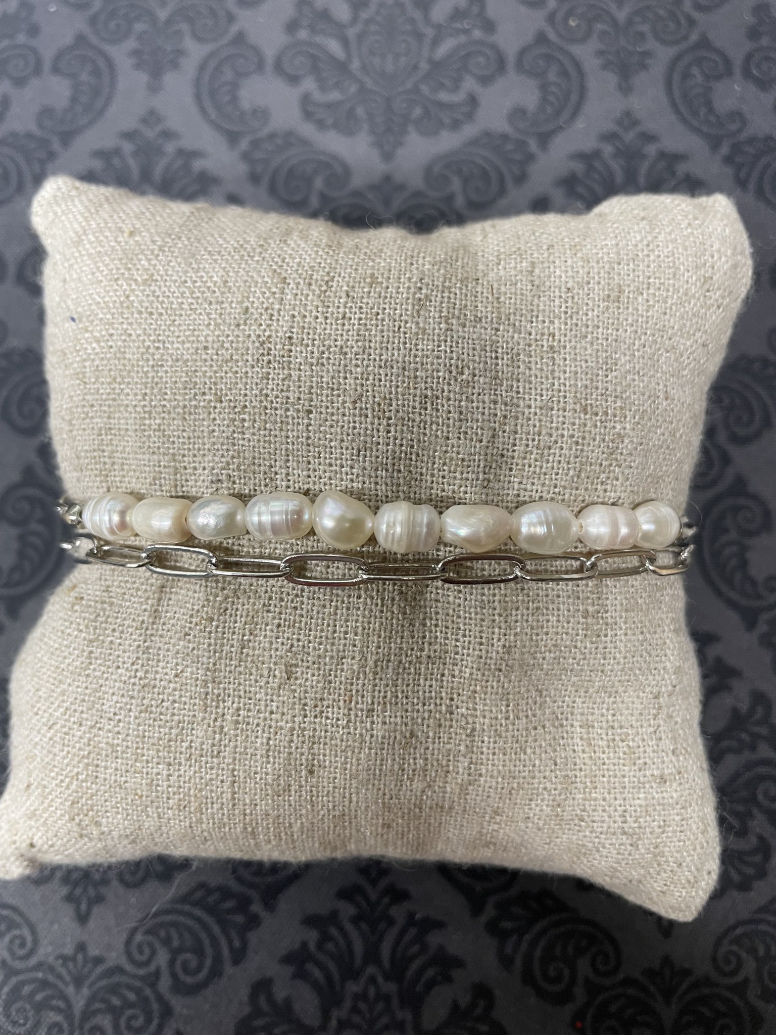 available at m. lynne designs Pearl with Silver Paperclip Chain Bracelet