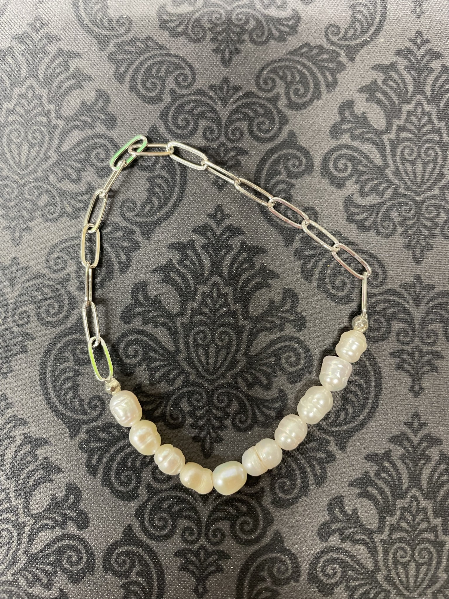 available at m. lynne designs Pearl with Silver Paperclip Chain Bracelet