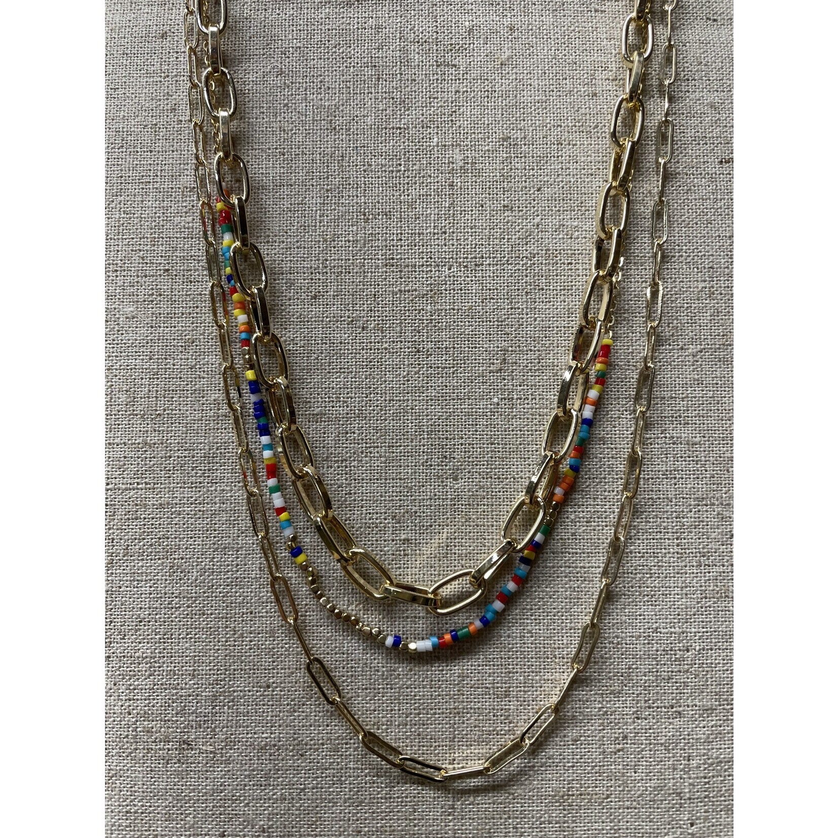 m. lynne designs gold paperclip triple necklace with colorful beads