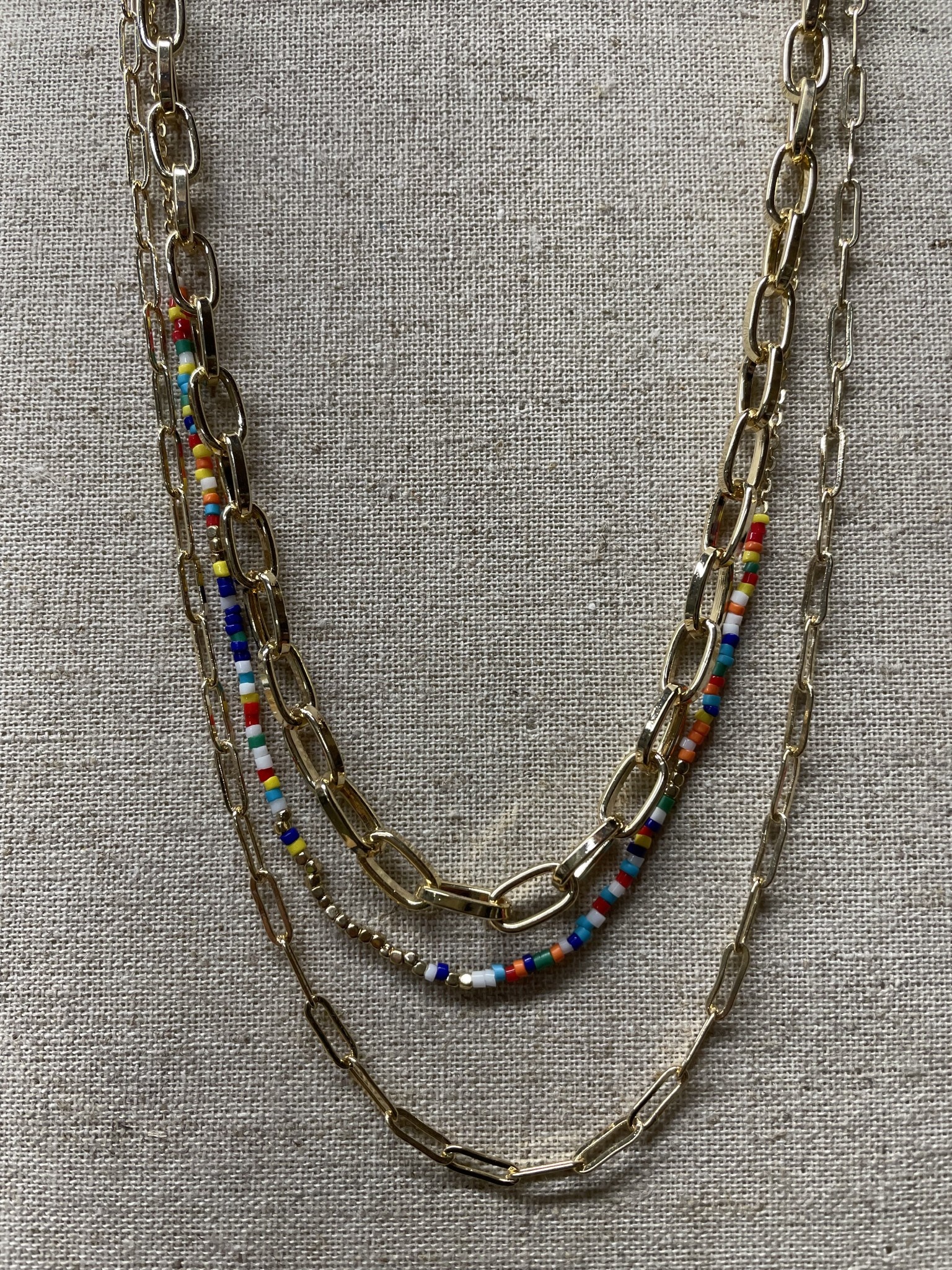 available at m. lynne designs Gold Paperclip Triple Necklace with Colorful Beads