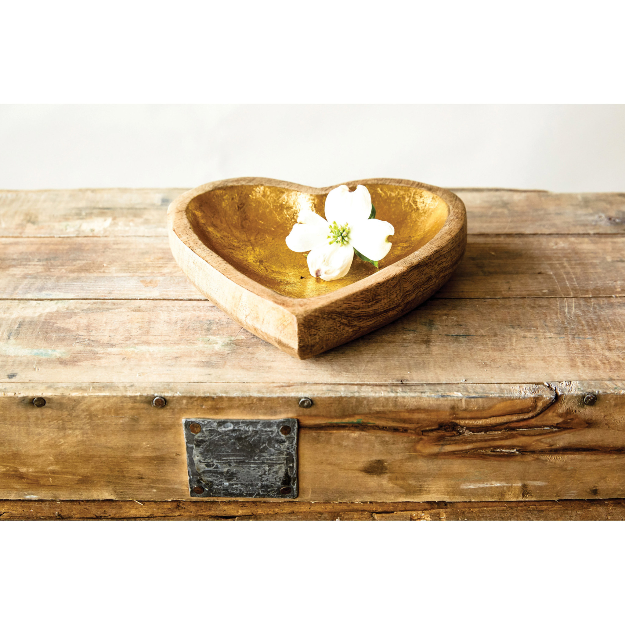 available at m. lynne designs Mango Wood Heart Bowl with Gold Leaf Center