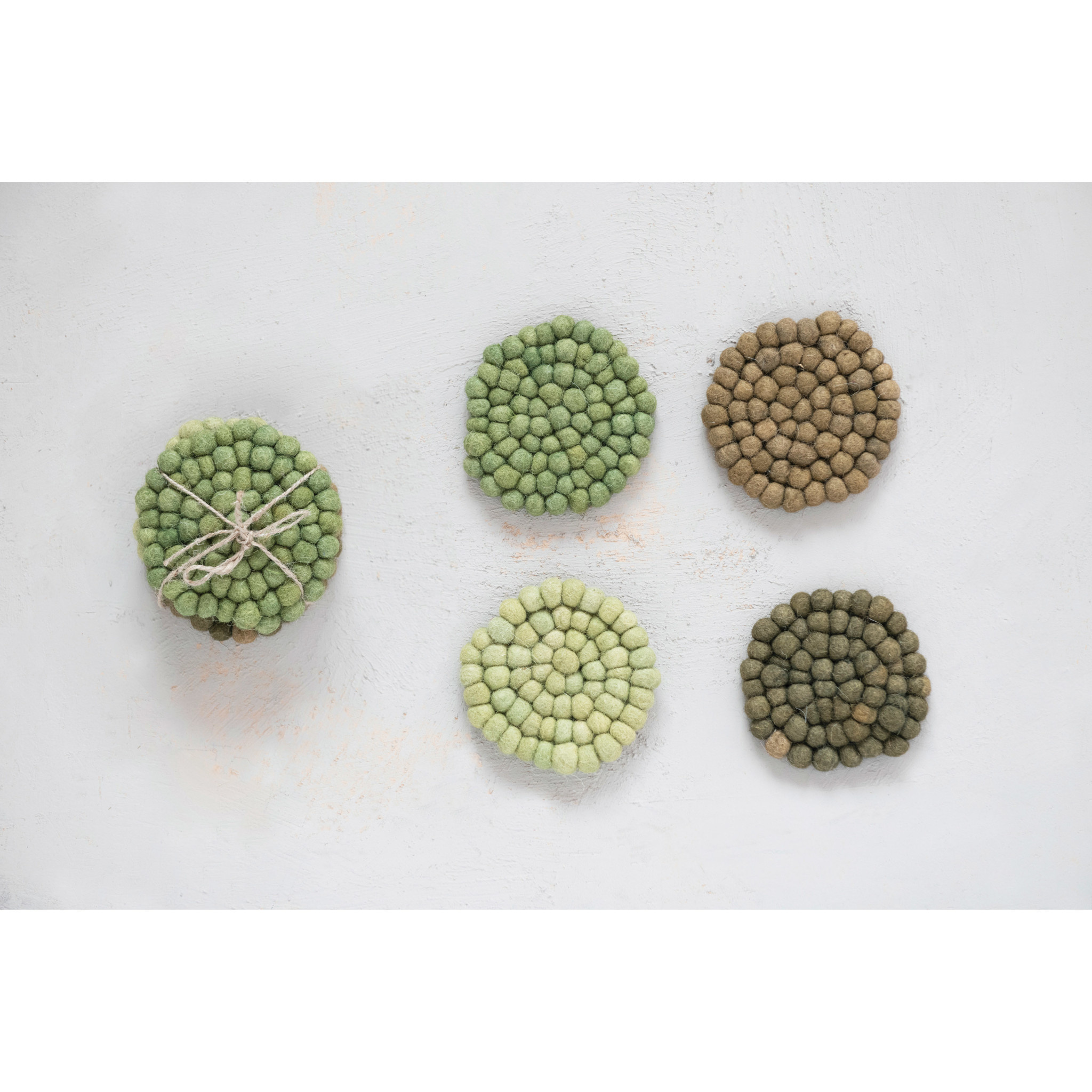 available at m. lynne designs Wool Felt Ball Coasters, Greens