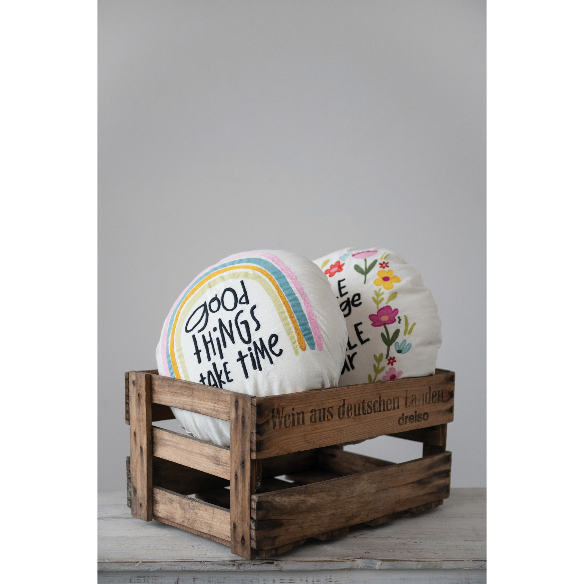 available at m. lynne designs Round Pillow with Quote