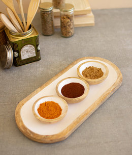 available at m. lynne designs Wooden Serving Tray with White Enamel, Set of Four