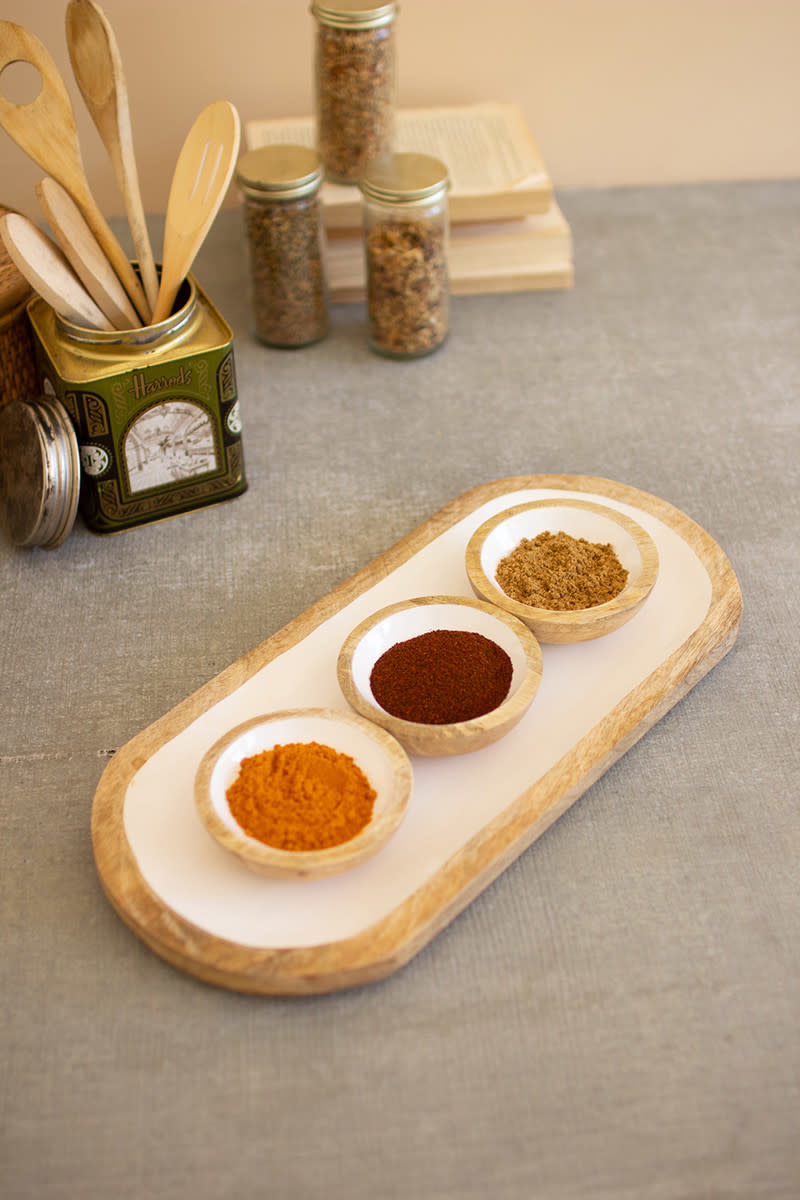 available at m. lynne designs Wooden Serving Tray with White Enamel, Set of Four