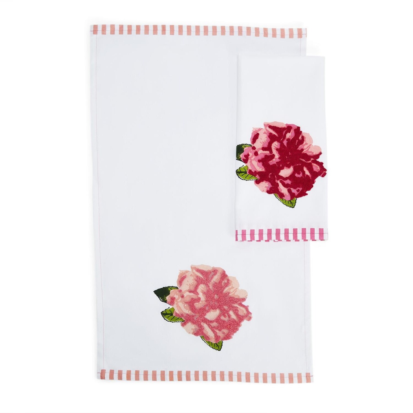m. lynne designs pink rosy embroidered tea towel