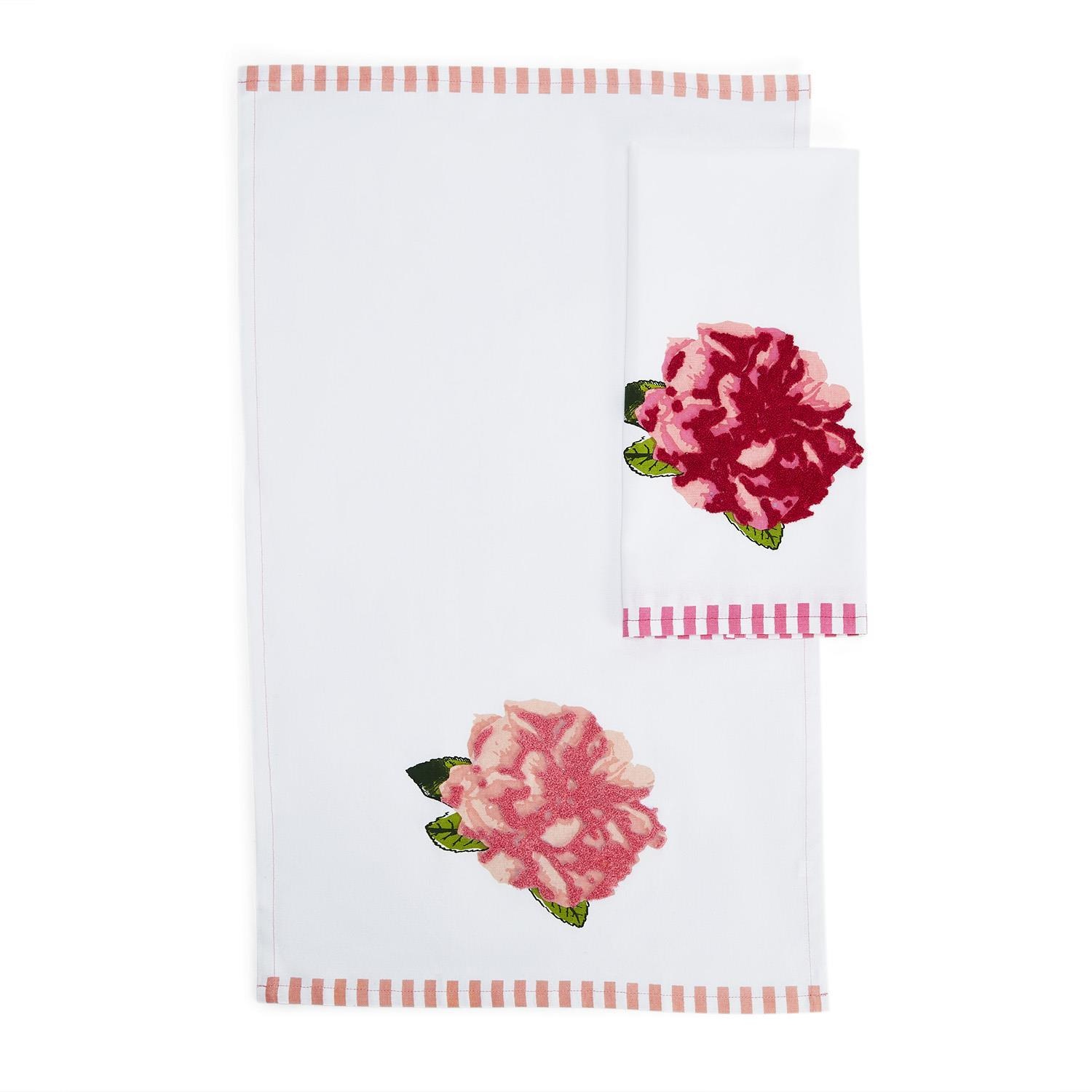 available at m. lynne designs Pink Rosy Embroidered Tea Towel