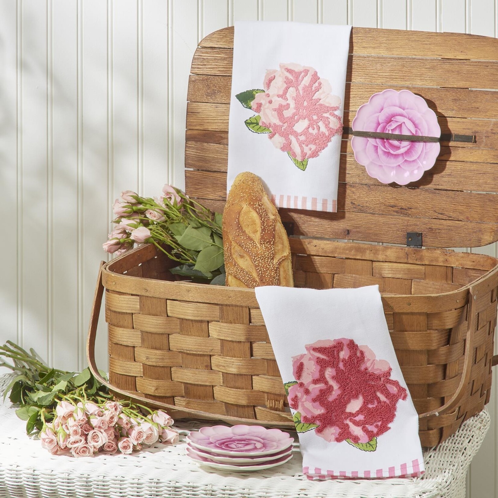m. lynne designs red rosy embroidered tea towel