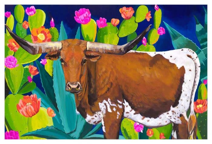 available at m. lynne designs Desert Longhorn Cattle Framed Canvas