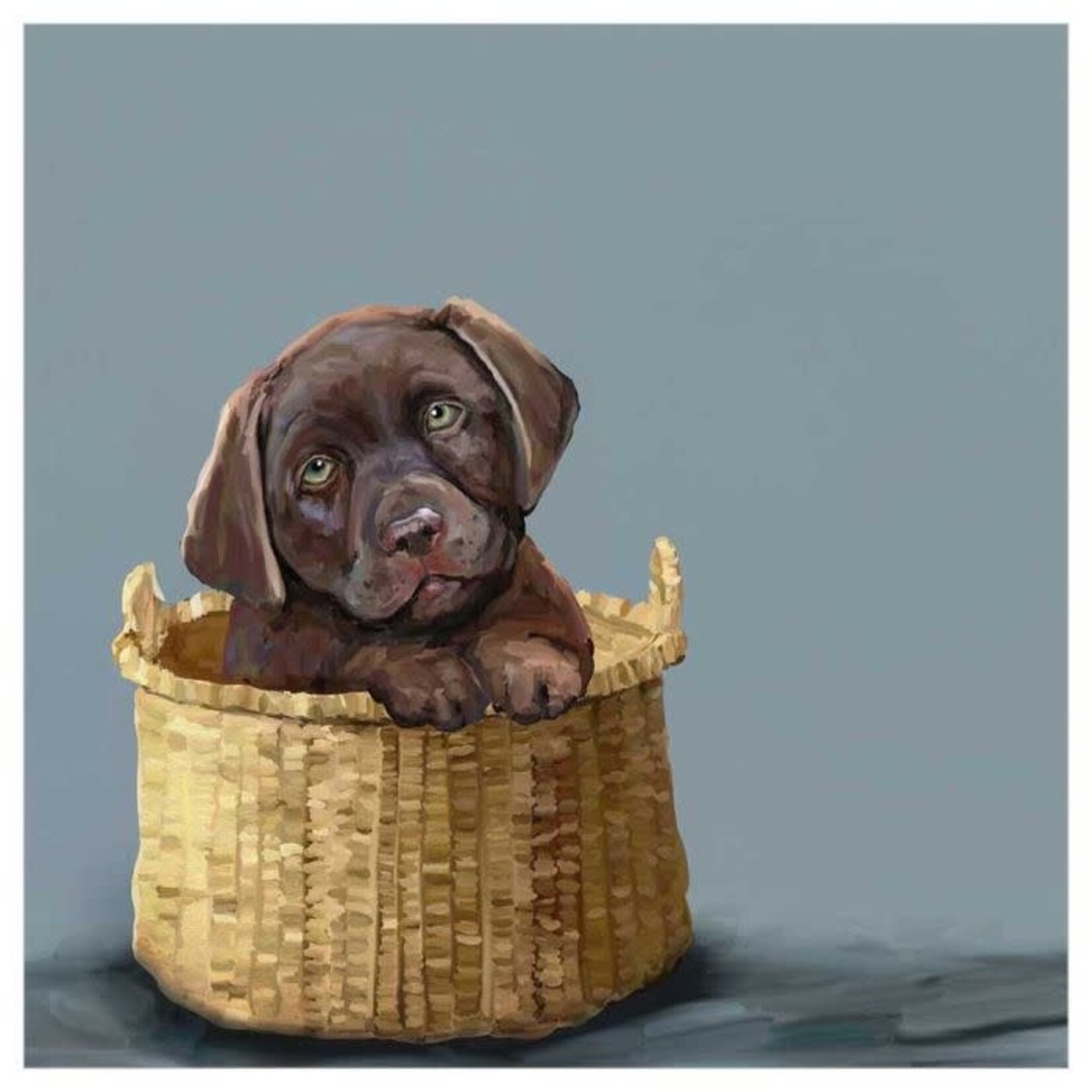 m. lynne designs chocolate pup in basket framed canvas
