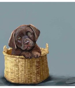 available at m. lynne designs Chocolate Pup in a Basket Framed Canvas