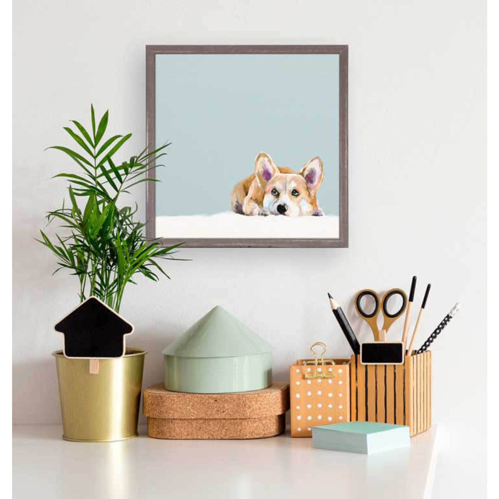 m. lynne designs contemplative corgi framed canvas