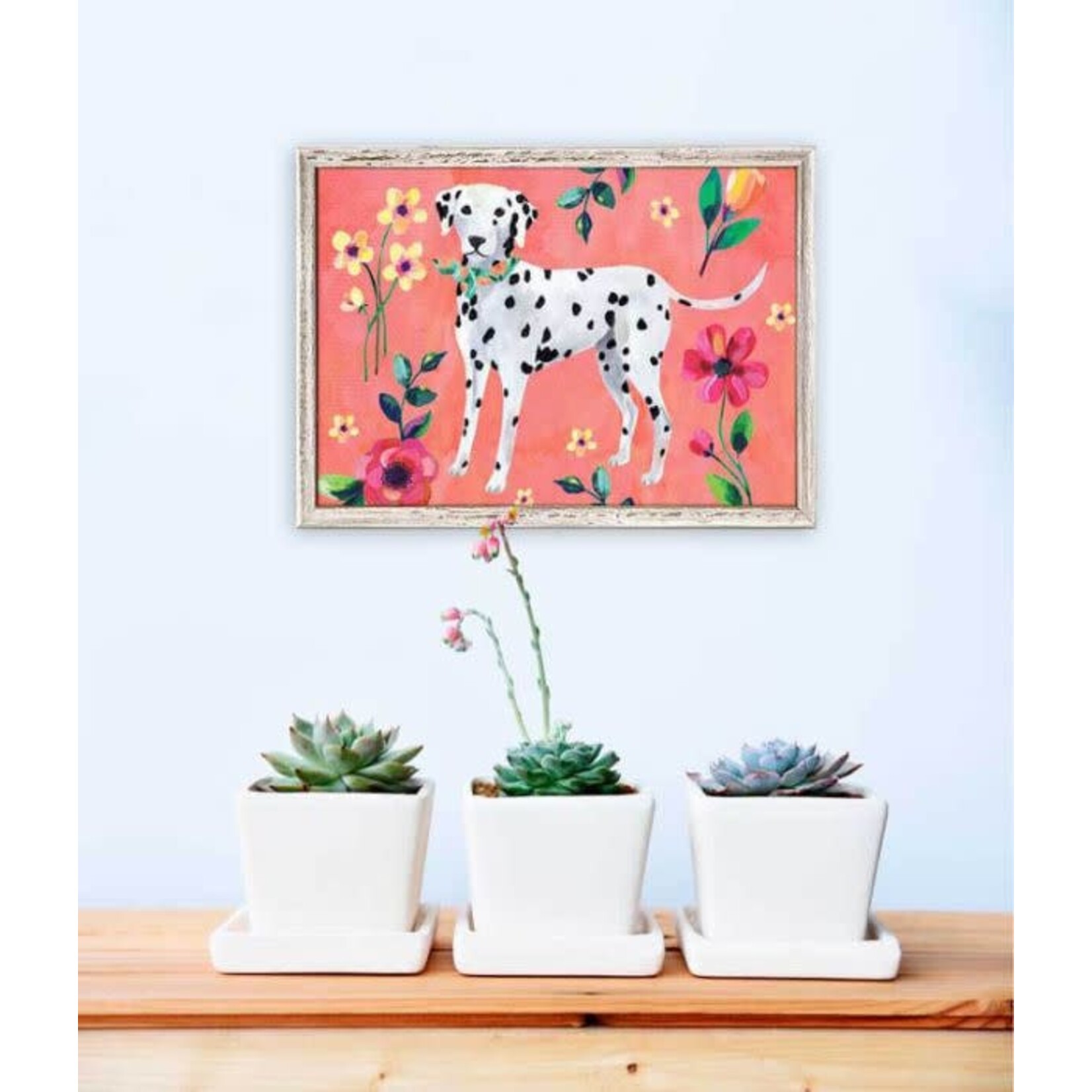 m. lynne designs garden pup on coral framed canvas