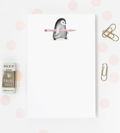 available at m. lynne designs Penguin with Pink Pencil Notepad
