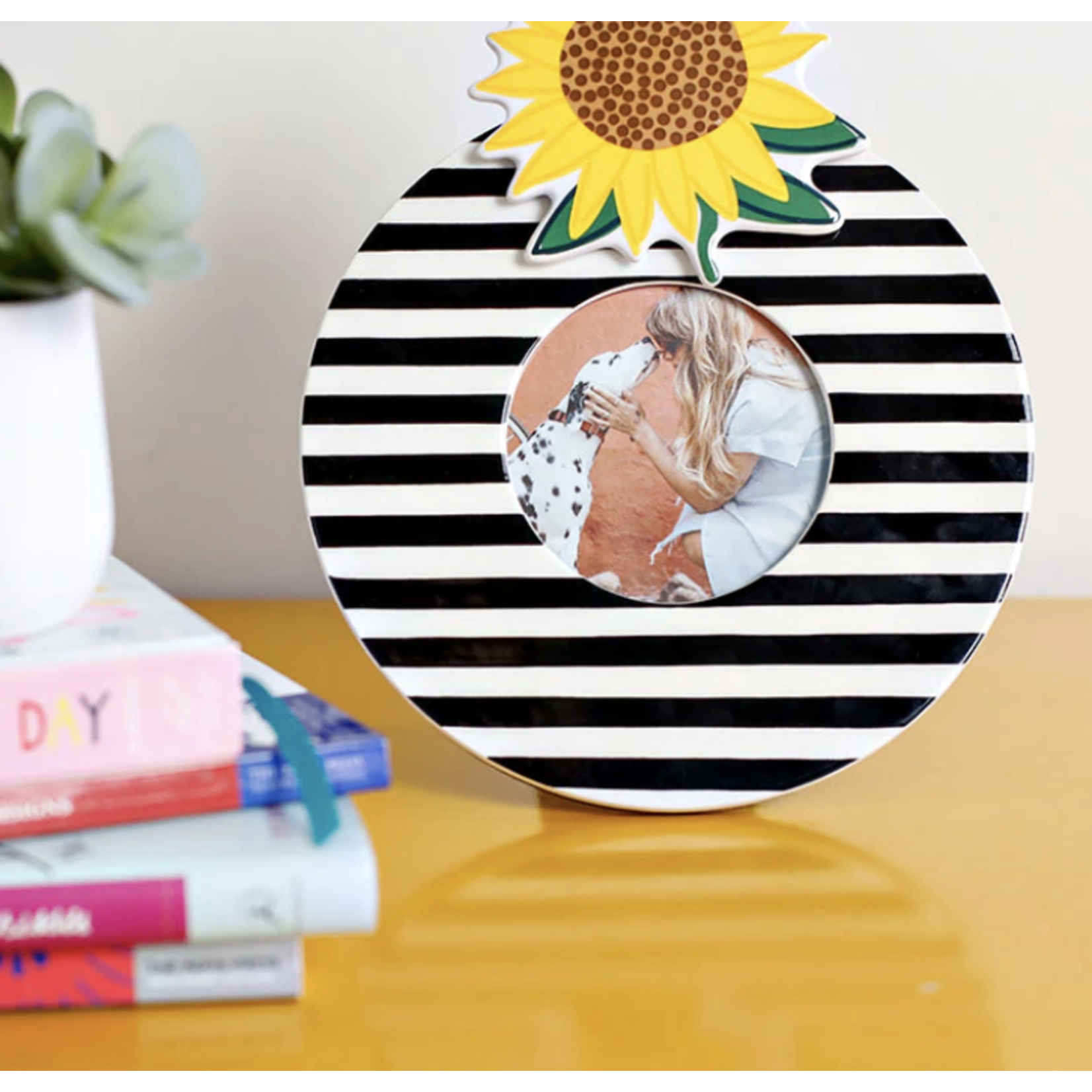 happy everything black stripe round picture frame