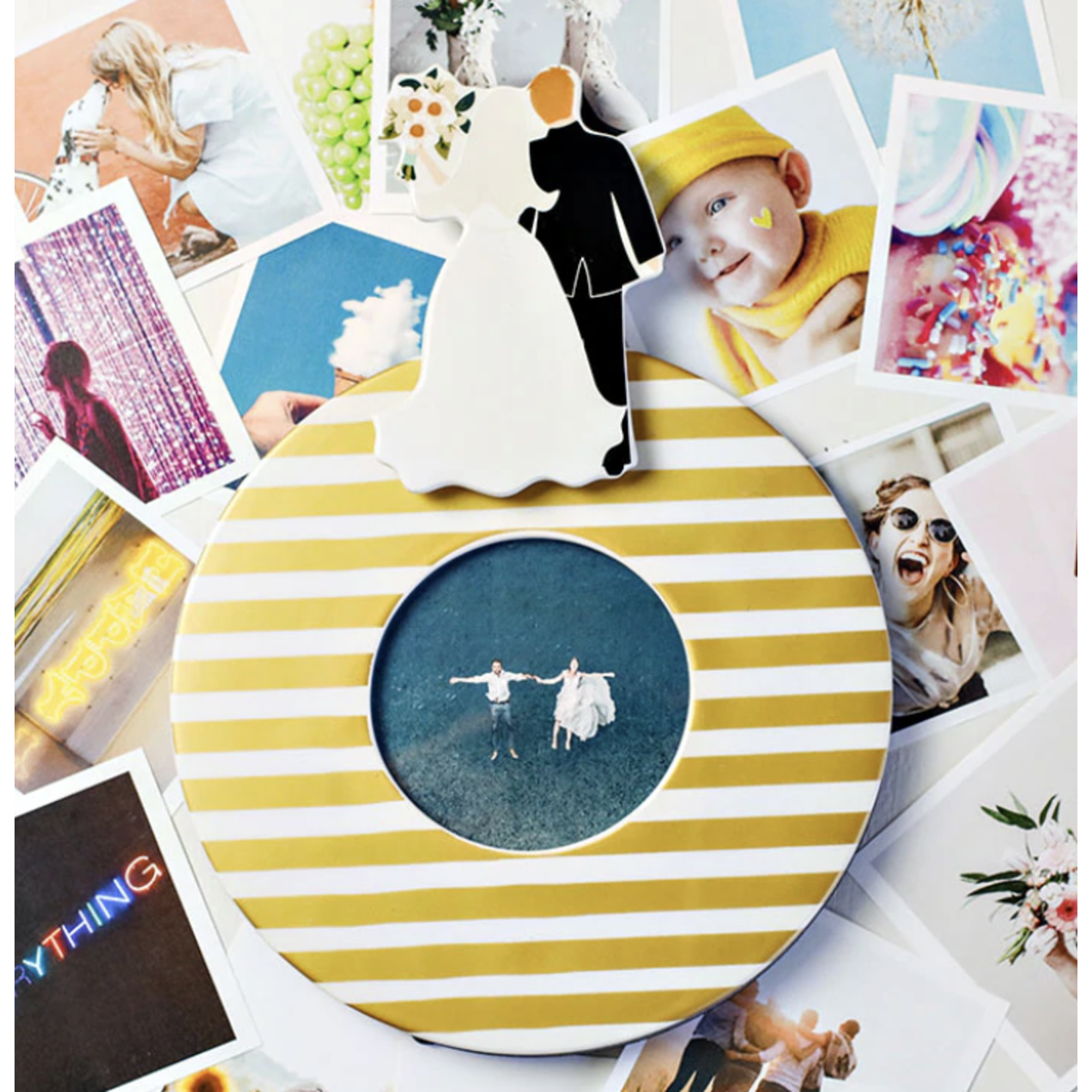 happy everything gold stripe round picture frame