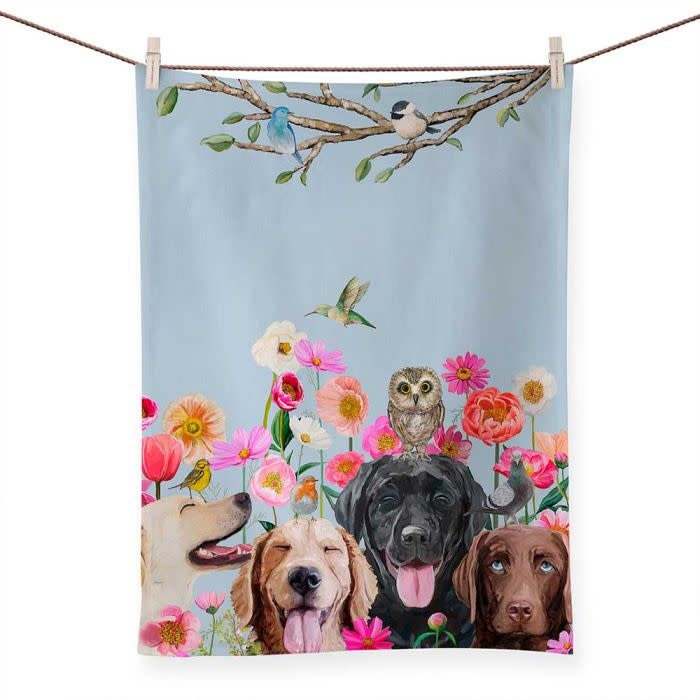 available at m. lynne designs Dogs & Birds Tea Towel