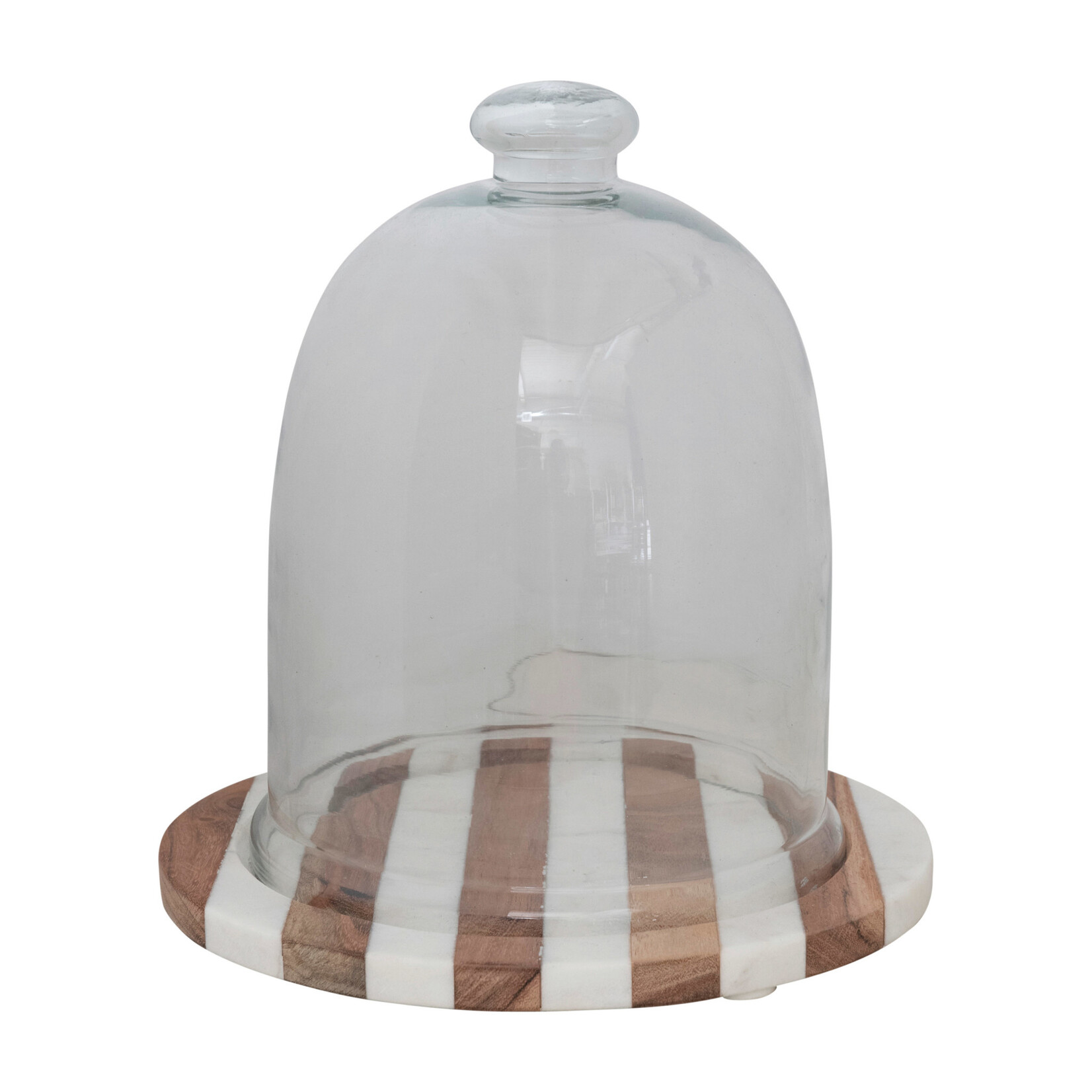 m. lynne designs cloche with striped wood & marble base