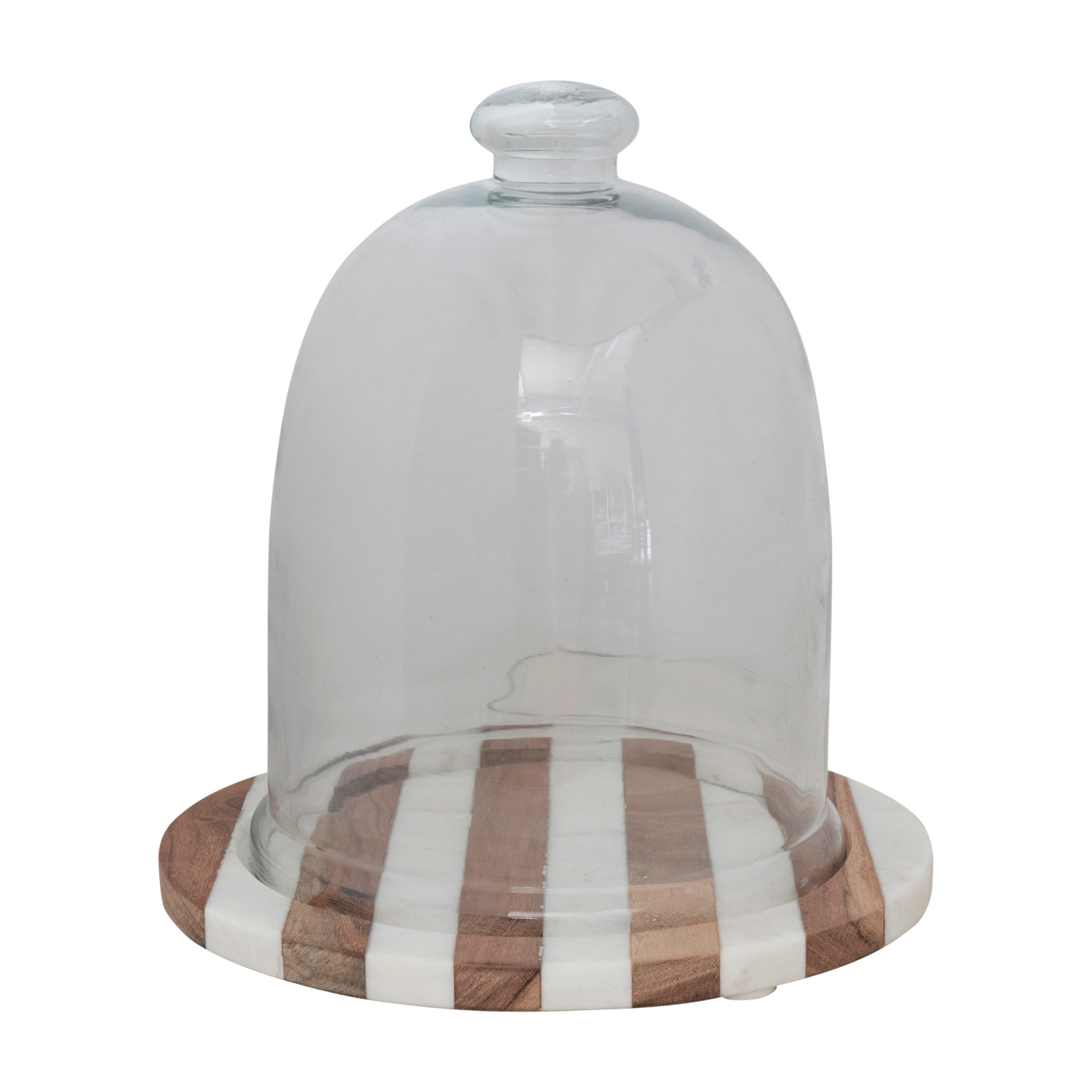 available at m. lynne designs Cloche with Striped Wood & Marble Base