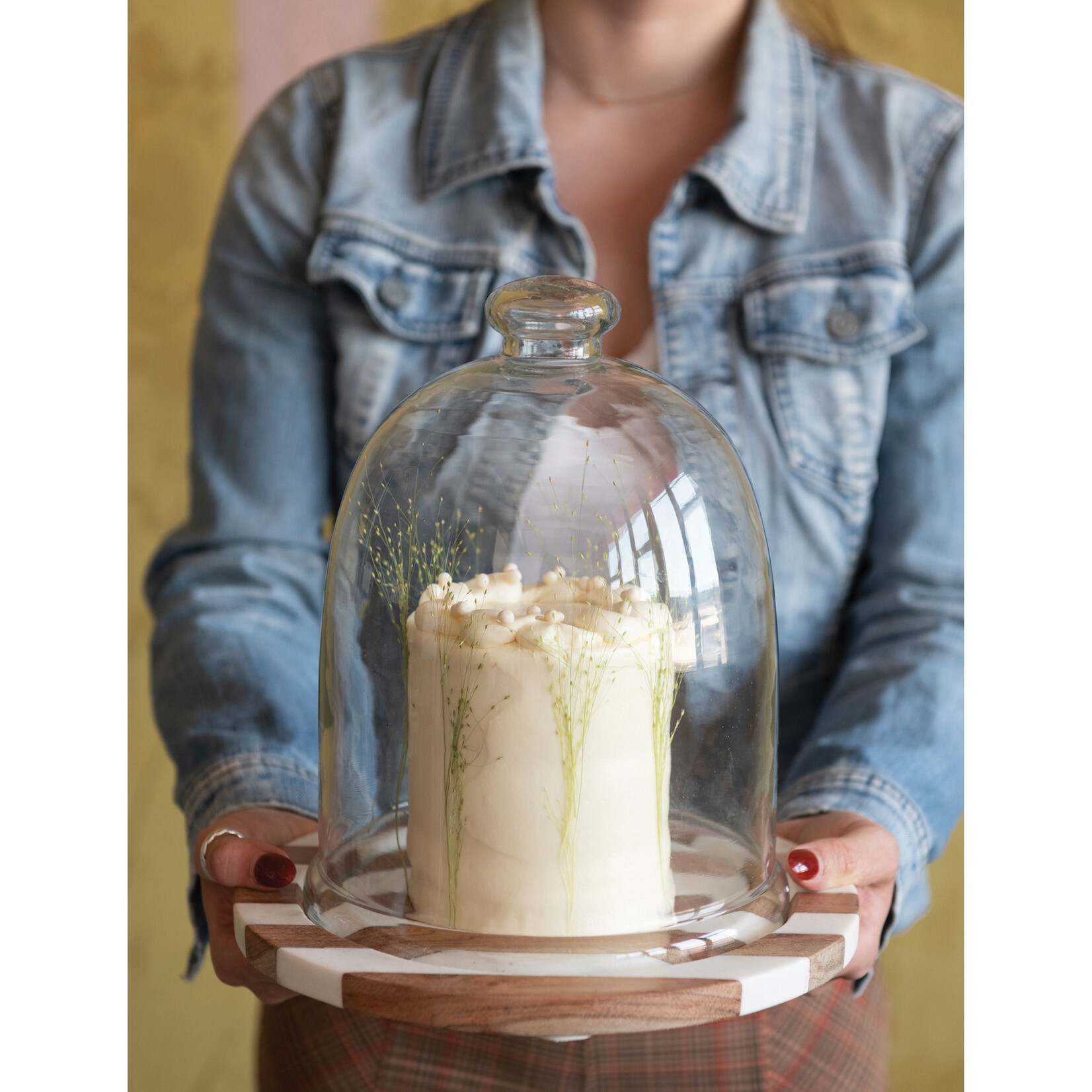 m. lynne designs cloche with striped wood & marble base