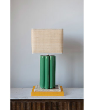 available at m. lynne designs Stoneware Green Fluted Lamp with Raffia Shade